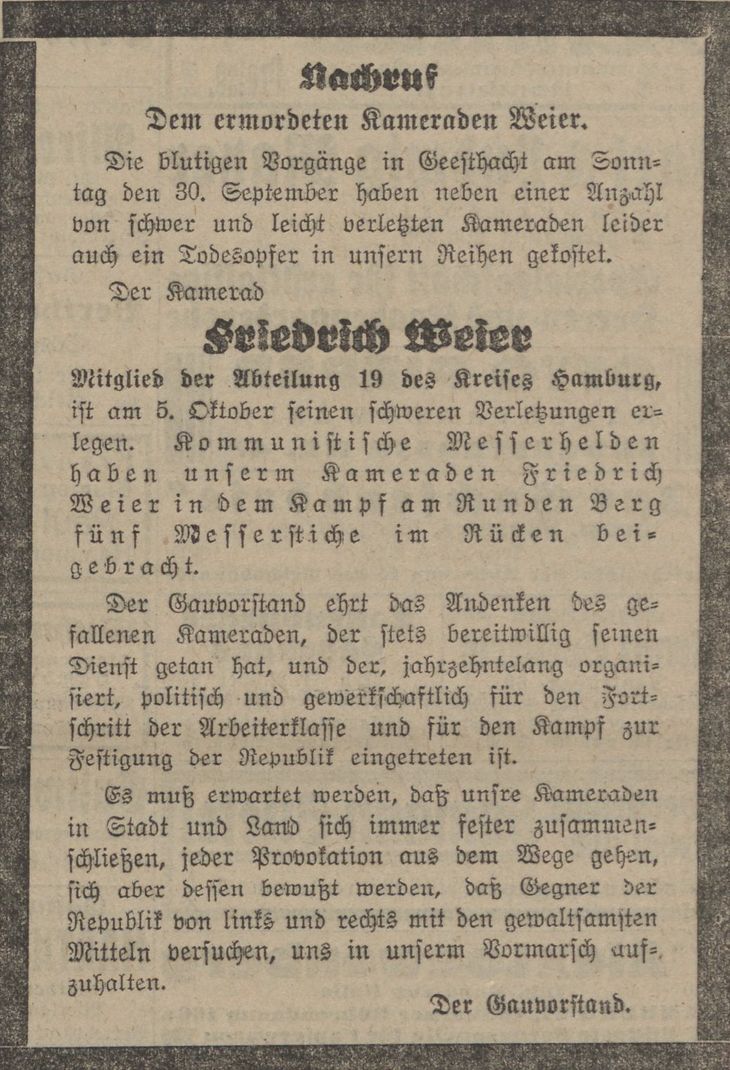 Schwarz-Weiß-Ausschnitt aus einer historischen Zeitung: Text mit der Überschrift: Nachruf. Dem ermordeten Kamerade Weier.  