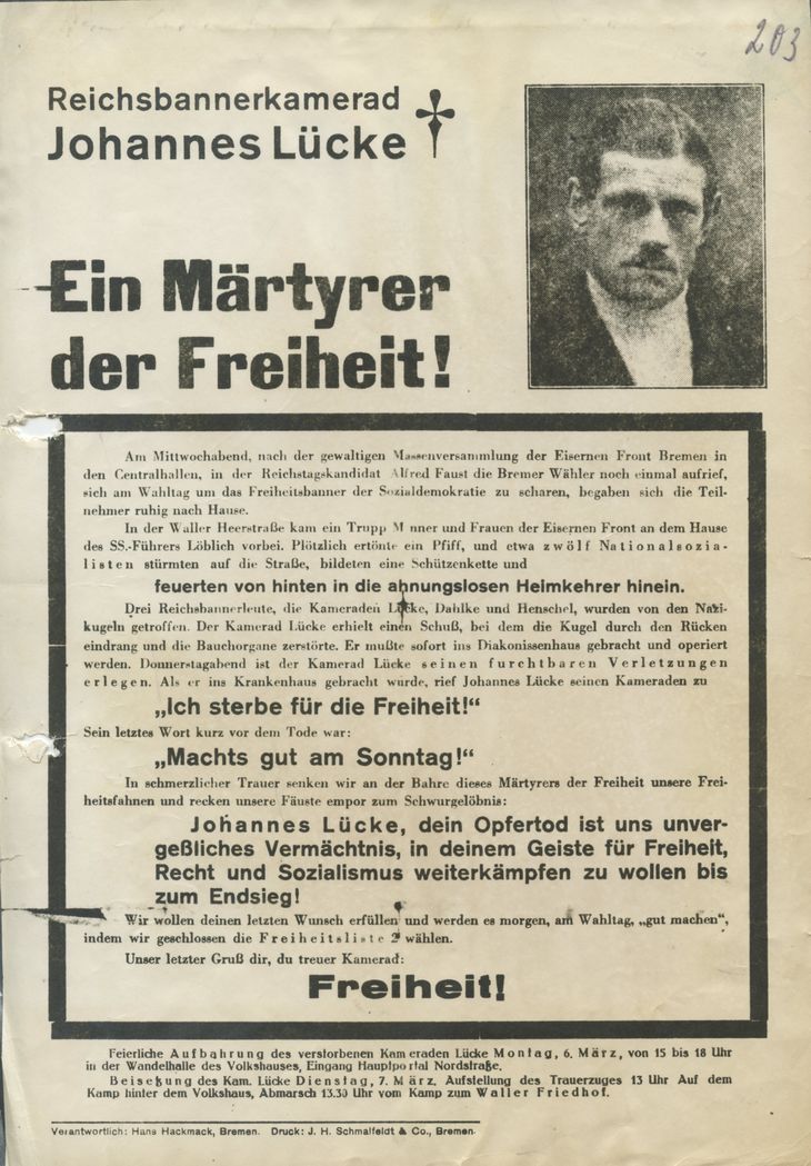Historisches Plakat mit einem Schwarz-Weiß-Porträt von Johannes Lücke und dem Titel: Ein Märtyrer der Freiheit!
