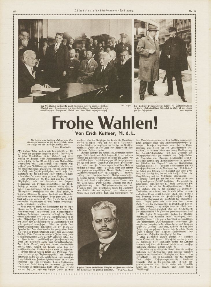 Historischer Zeitungsartikel von Erich Kuttner mit drei Schwarz-Weiß-Fotos und dem Titel: Frohe Wahlen!