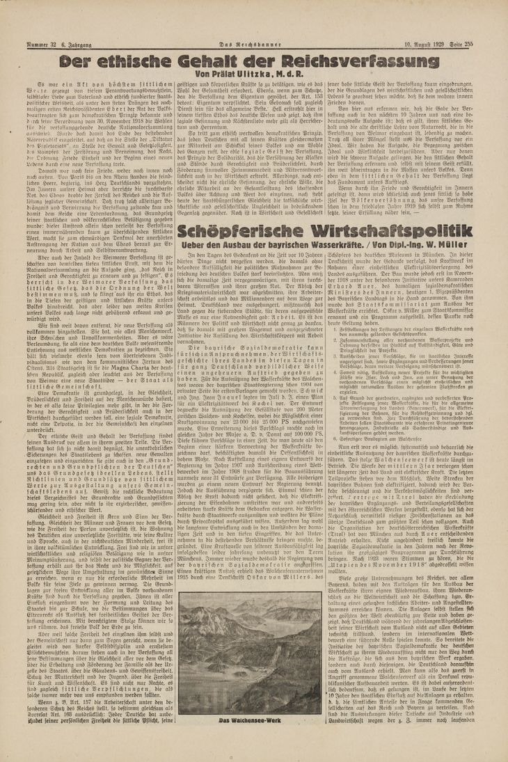Seite aus der Zeitung "Das Reichsbanner" vom 10. August 1929 (Schwarz-Weiß) mit zwei Artikeln, einer davon von Carl Ulitzka. Überschrift des Artikels: Der ethische Gehalt der Reichsverfassung.